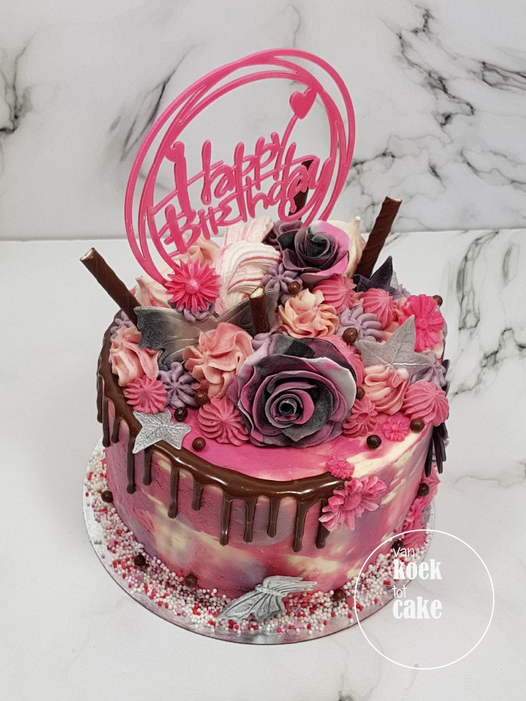 Verjaardagstaart taart roze zilver met straciatellaroom - van koek tot cake - bestellen Middelburg Vlissingen Oost-Souburg