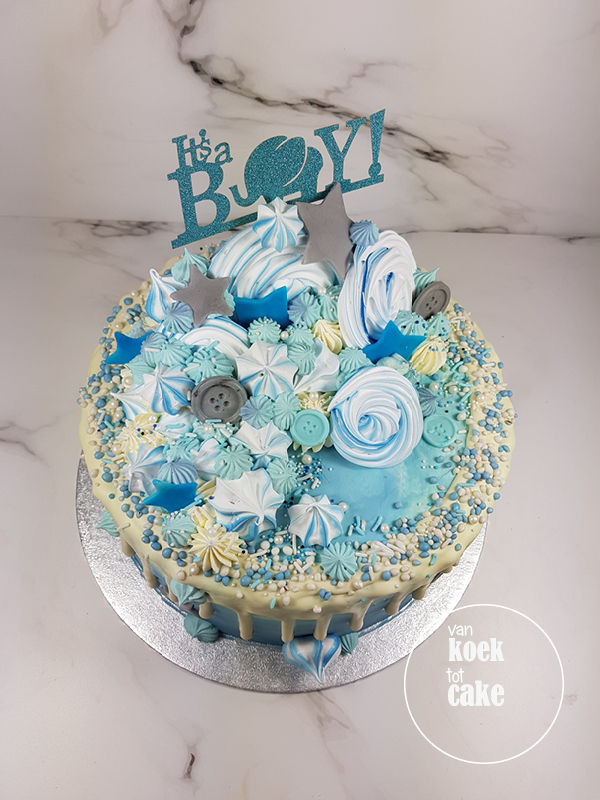 Drip cake taart blauw met muisjes babyshower jongen | Bestellen Middelburg Vlissingen Oost-Souburg | van koek tot cake