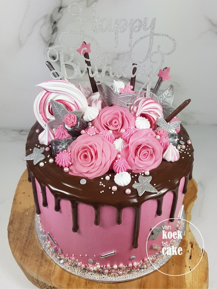 Verjaardagstaart dripcake roze zilver rozen taart | bestellen Zeeland Walcheren Oost-Souburg Vlissingen Middelburg | van koek tot cake