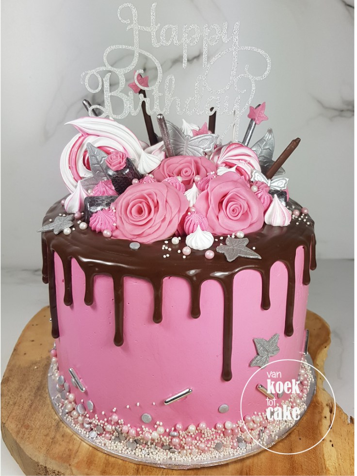 Verjaardagstaart dripcake roze zilver rozen taart | bestellen Zeeland Walcheren Oost-Souburg Vlissingen Middelburg | van koek tot cake