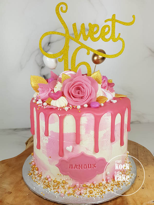 Sweet 16 verjaardagstaart drip cake - bestellen Vlissingen Middelburg Oost-Souburg Zeeland